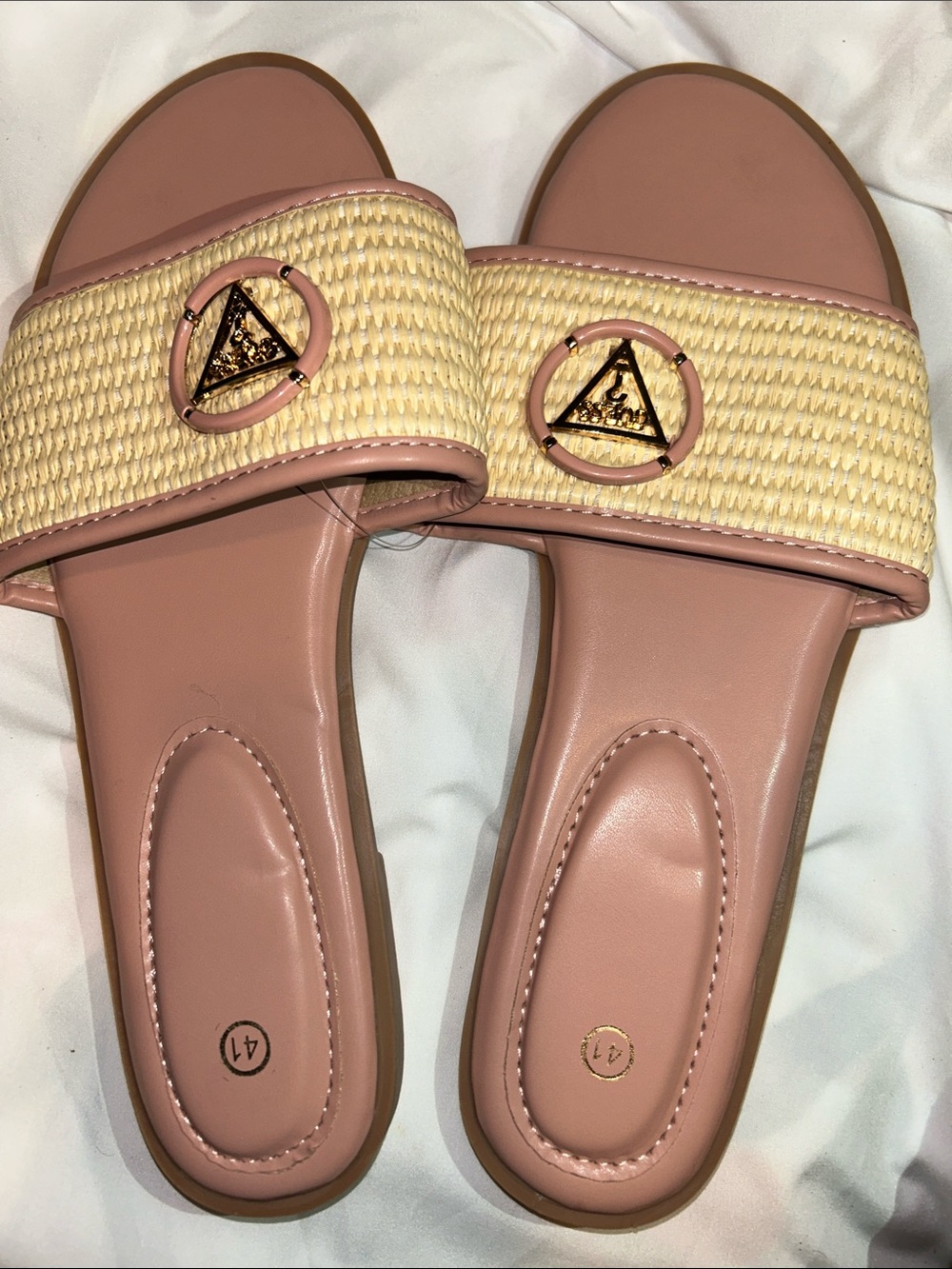 Women’s Blush Slide Sandals with Woven Cream Strap and Gold Emblem